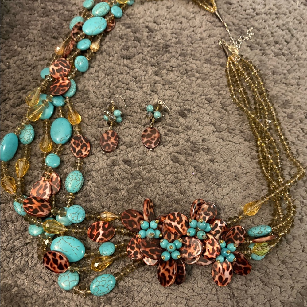 Leopard and Turquoise Statement Necklace and Earring Set